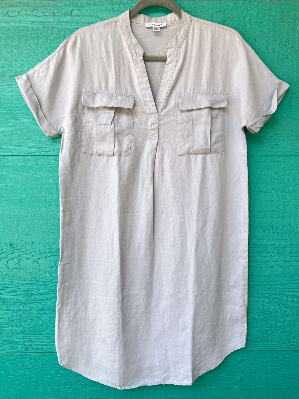 Pure Navy 100% Linen Utility Shirt Dress Gray Short Sleeve Size SMALL - Picture 2 of 5